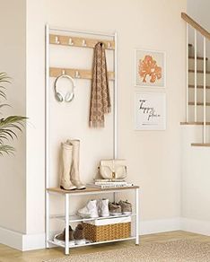 Vintage Coat Rack Stand with Seat 3 Shelves Gold Oak