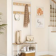 Vintage Coat Rack Stand with Seat 3 Shelves Gold Oak