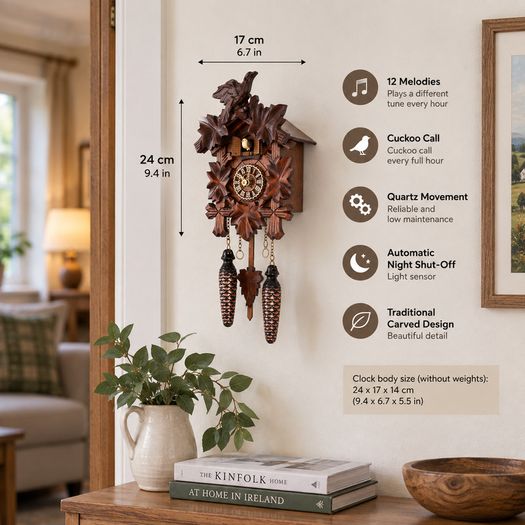 Traditional Carved Cuckoo Clock with Music  Quartz Movement, 12 Melodies & Light Sensor
