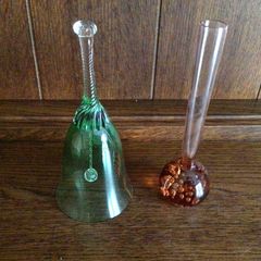 Green glass bell and a coral bubble glass bud vase
