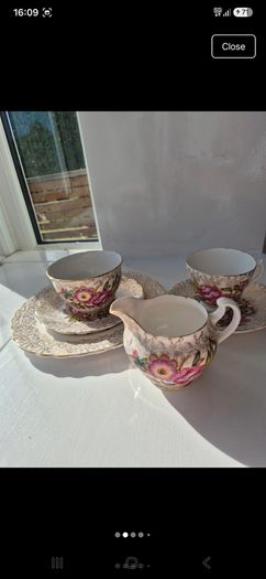 Vintage English Bone China Tea Set 22k Gold Chintz Pink Floral 6pc