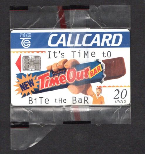 1995 Ireland 10 unit Cadbury's Time Out '95 "It's Time to Bite the Bar" (Schlumberger SC7) Call Card Used. Telecom Eireann card number 1101.