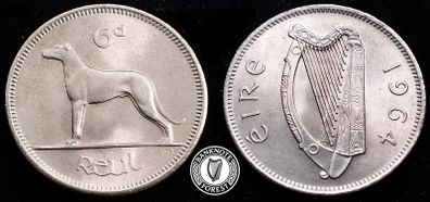 [#2404] - Ireland 1964 | Irish 6p | 6 Pence | Wolfhound | KM.13a | MS