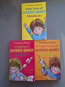 Horrid Henry 3 Paperback Books. Each book is a triple book so 9 stories.