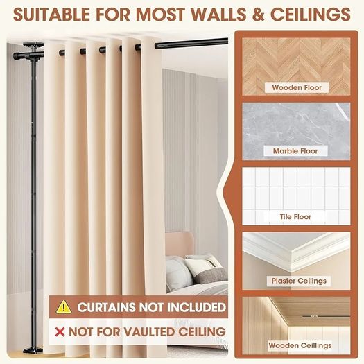 Room Divider No Drilling Curtain Rod Wall Divider for Room Separation, 227-312 cm.(H) 71-290 cm.(W) Adjustable, Heavy Duty Partition Space Separator Freestanding Tension Curtain Stand, Black