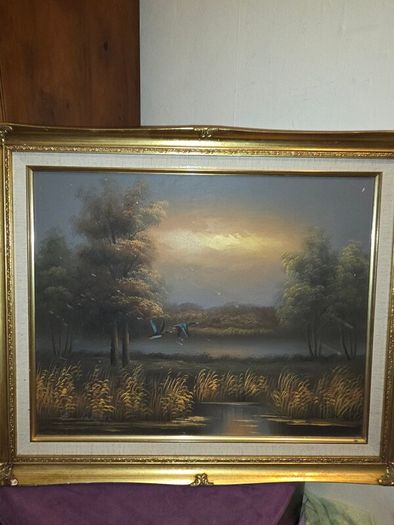 Vintage Oil on Canvas Landscape Ducks in Flight - Signed and Framed