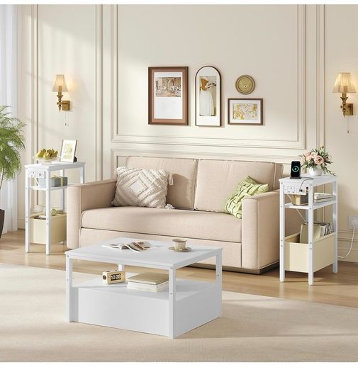 Narrow Side Table, Slim Bedside Table with Charging Station for Small Space, USB Ports and Power Outlet, 40 x 20 x 60 cm, for Living Room, White and Cream