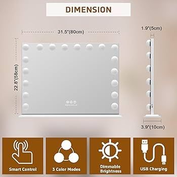 Hollywood Mirror with Lights 18 LED Bulbs 80x58 cm USB Charing Port Vanity Makeup Mirror with Lights 3 Light Color 10X Magnifying Glass