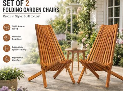 Set of 2 Folding Garden Chairs  Solid Acacia Wood