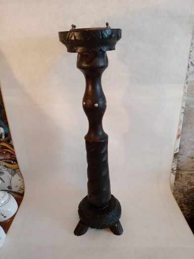 Vintage Hand Carved Wood Floor Ashtray. Brass Insert.
