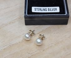 Genuine 925 Sterling Silver White Pearl Stud Earrings with Gift Box