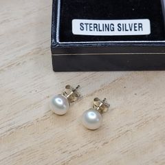 Genuine 925 Sterling Silver White Pearl Stud Earrings with Gift Box