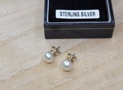 Genuine 925 Sterling Silver White Pearl Stud Earrings with Gift Box