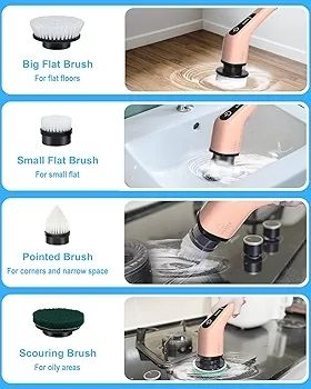 Electric Spin Scrubber, 360 Cordless Powerful Scrub Brush for Cleaning Bathroom, Kitchen, Shower Tub and Floor Tile with Adjustable Extension Long Handle and 8 Replaceable Rotating Brush Heads(Rose)