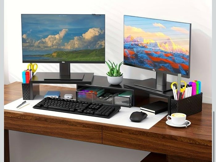 Dual Monitor Stand Riser, Metal Monitor Desk Accessories with Drawer and 2 Pen Holder, Adjustable Length and Angle - Computer Monitor Stand for Screen, Computer, Printer (Metal Black)