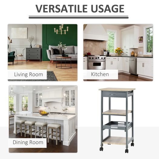 Multi-tier Rolling Kitchen Trolley Serving Cart with 3-Bottle Wine Rack, 1 Drawer, 1 Tray