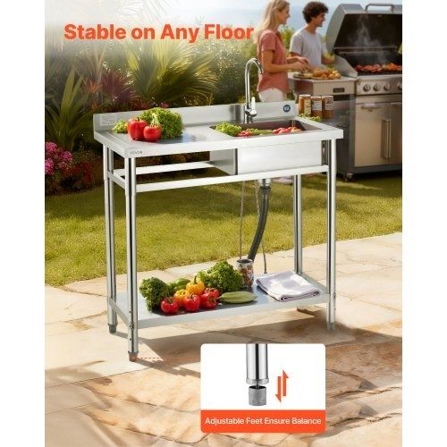 Stainless Steel Utility Sink, Free Standing Single Bowl Commercial Kitchen Sink with Faucet, 1000 x 500 x 940 mm, Utility Left Basin with Hot & Cold Water Pipe for Garage, Restaurant, Laundry