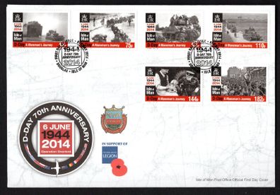 2014 Isle of Man 70th Anniversary of D-Day, A Manxman's Journey. Commemorative Stamps First Day Cover (FDC)