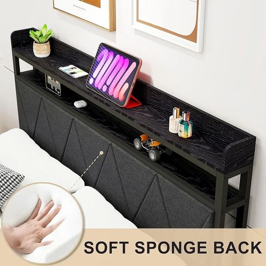 4ft6 Double Size Bed Frame with LED Lights Storage Upholstered Headboard and Charging Station, Solid Metal Platform Bed Double Size, No Box Spring Needed, Noise Free