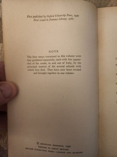 The Italian Painters Of The Renaissance.  Bernhard Berenson. The Fontana Library First Edition Paperback In Good Condition. See Photos For Same.