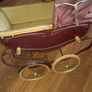 Antique Burgundy Doll's Pram, Manufactured by Walker around the 1940s, It features a Coach-Built Style Carriage with distinctive Wire-Spoke Wheels and Hard Rubber Tires Collection Only Image 2
