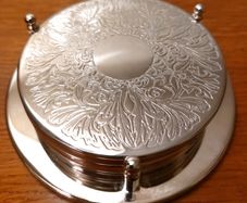 Set of 6 x Silver Plated Coasters With Storage Caddy
