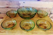 1970s green glass serving dish and 5 bowls