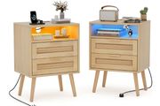 Set of 2 Bedside Table,Nightstand with Charging Station and LED Lights, Bedside Cabinets with 2 Rattan Drawers and Open Shelf,2pcs Side Tables for Modern Home,Natural Wood