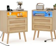 Set of 2 Bedside Table,Nightstand with Charging Station and LED Lights, Bedside Cabinets with 2 Rattan Drawers and Open Shelf,2pcs Side Tables for Modern Home,Natural Wood