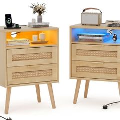 Set of 2 Bedside Table,Nightstand with Charging Station and LED Lights, Bedside Cabinets with 2 Rattan Drawers and Open Shelf,2pcs Side Tables for Modern Home,Natural Wood