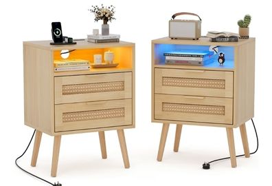 Set of 2 Bedside Table,Nightstand with Charging Station and LED Lights, Bedside Cabinets with 2 Rattan Drawers and Open Shelf,2pcs Side Tables for Modern Home,Natural Wood