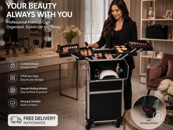 Rolling Makeup Case with Wheels Lockable Beauty Trolley Cosmetic Storage Case Black