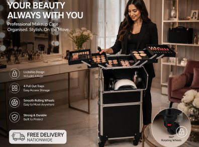 Rolling Makeup Case with Wheels Lockable Beauty Trolley Cosmetic Storage Case Black