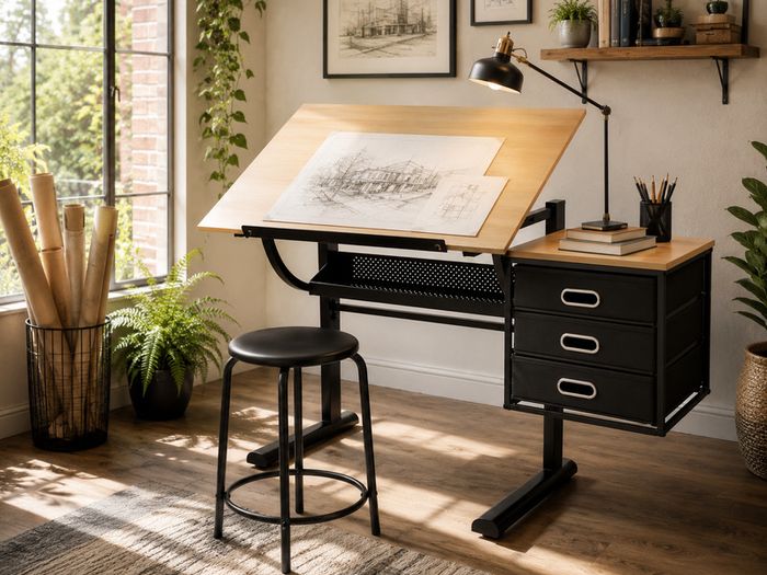 Adjustable Drawing Table with Stool and 3 Drawers Drafting Desk
