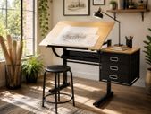 Adjustable Drawing Table with Stool and 3 Drawers Drafting Desk