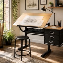 Adjustable Drawing Table with Stool and 3 Drawers Drafting Desk