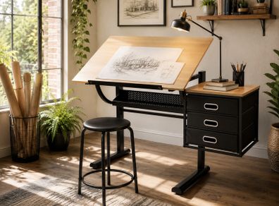 Adjustable Drawing Table with Stool and 3 Drawers Drafting Desk