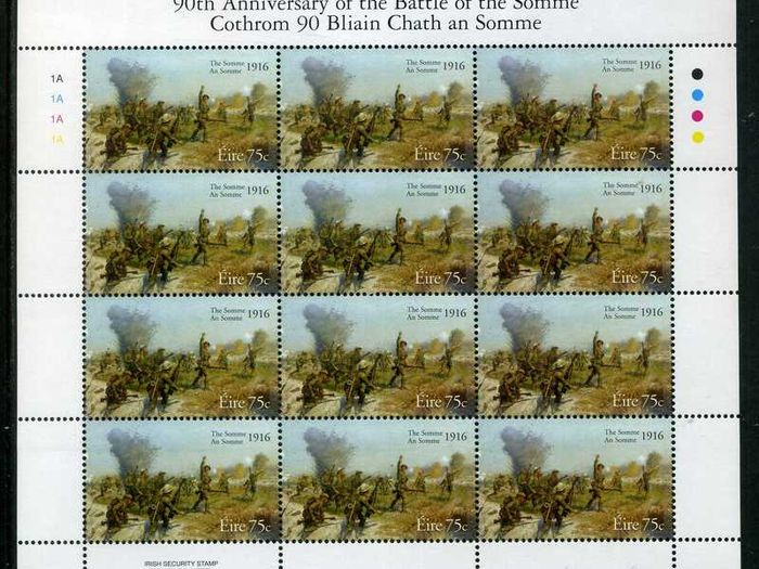 2006 Ireland 90th Anniversary of the Battle of the Somme Commemorative Stamp Sheetlet Plate 1A1A1A1A Mint Never Hinged (MNH).