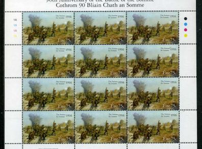 2006 Ireland 90th Anniversary of the Battle of the Somme Commemorative Stamp Sheetlet Plate 1A1A1A1A Mint Never Hinged (MNH).