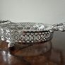 Vintage Glass Serving Dish in Ornate Metal Stand with Decorative Handles Image 4