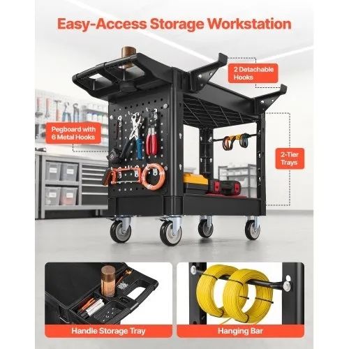 Utility Cart, 250 kg Capacity, 2 Tier Service Cart with 360 Swivel & Fixed Wheels (2 with Brakes), Heavy Duty Plastic Rolling with Tray and Pegboard, Tool Storage for Garage Warehouse Workshop
