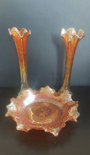 Fabulous Pair of Antique/Vintage Imperial Glass Company Carnival Glass Ripple Swung Vases in the Ombre Marigold Opalescent Colourway, Circa 1907 -1930, Priced as a Pair