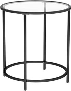 _Round Small Coffee Table Glass Table with Metal Frame Bedside Table Sofa Table Balcony Tempered Glass Black