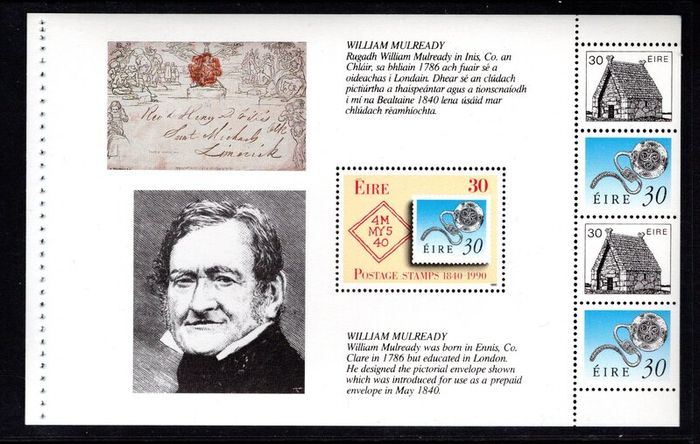 1990 Ireland Stamp Anniversary Commemorative Stamp Booklet Pane Mint Never Hinged (MNH). Hibernian HP38. Only source of 30p imperf