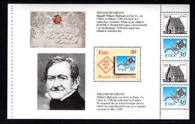 1990 Ireland Stamp Anniversary Commemorative Stamp Booklet Pane Mint Never Hinged (MNH). Hibernian HP38. Only source of 30p imperf