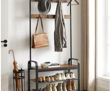 Vintage Coat Rack with Removable Hooks, Bench and Shoe Rack 2 Mesh Shelves Industrial Design