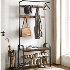 Vintage Coat Rack with Removable Hooks, Bench and Shoe Rack 2 Mesh Shelves Industrial Design