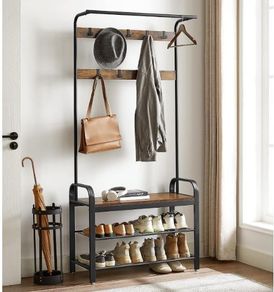 Vintage Coat Rack with Removable Hooks, Bench and Shoe Rack 2 Mesh Shelves Industrial Design