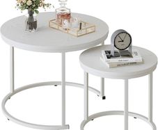 Round Coffee Table for Living Room,Nest of Tables Set of 2,White Center Tea Table with Metal Frame, End Side table for Small Space/Living Room/Bedroom, White, 60 x 60 x 50cm