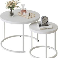 Round Coffee Table for Living Room,Nest of Tables Set of 2,White Center Tea Table with Metal Frame, End Side table for Small Space/Living Room/Bedroom, White, 60 x 60 x 50cm